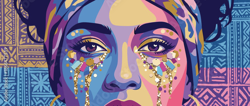 Colorful illustrated portrait of a woman crying tears of gold glitter and jewels, her vibrant face painted in a modern pop art style with a patterned ethnic headwrap