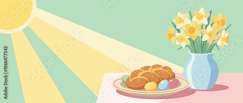Braided Easter bread with colorful dyed eggs and a vase of yellow daffodils on a table, a cheerful spring holiday still life illustration with bright morning sunlight