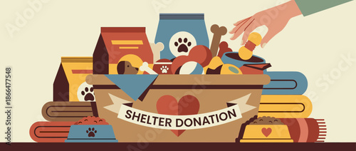 Shelter donation box filled with pet supplies like food, toys, and blankets, with a hand adding an item, illustrating charity and animal welfare in a flat vector style