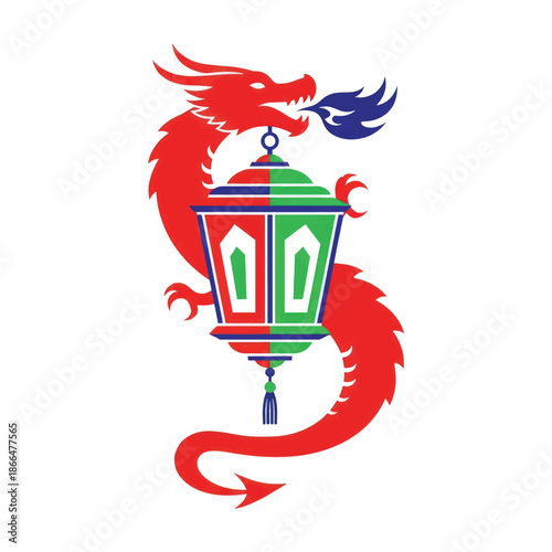 Vibrant red dragon entwined with a colorful hung lantern illustration.