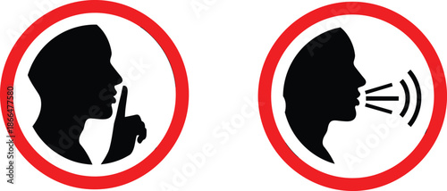 Silence and speaking warning signs vector illustration, quiet please and voice allowed symbols, human profile icons with red prohibition circles isolated on white background