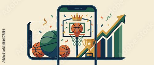 Smartphone screen displaying a basketball victory with a trophy and crown, alongside a rising arrow chart illustrating success in online sports betting and gaming