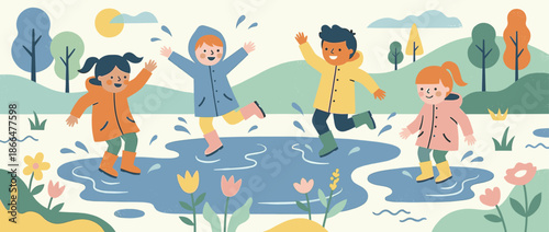 Four happy diverse children in colorful raincoats and rubber boots are joyfully jumping and splashing in a puddle on a sunny day in a beautiful park, a cute flat vector illustration