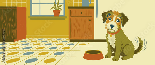 Hungry scruffy terrier mix dog sits patiently waiting by an empty food bowl on a retro kitchen floor, looking up with sad eyes while wagging its tail hopefully for a meal