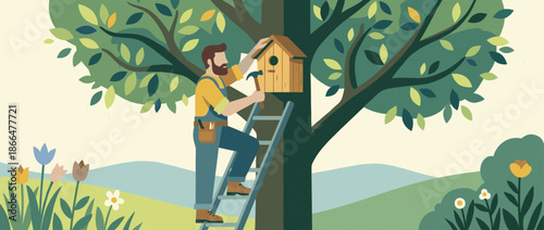 Bearded man in overalls on a ladder carefully hangs a wooden birdhouse on a tree branch with a hammer in a charming, textured illustration of a spring day