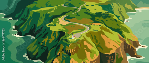 Illustrated aerial view of a lighthouse on a rugged green cliffside with a winding road leading to the coast, depicted in a flat graphic art style