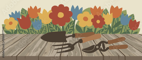 Gardening hand tools including a trowel, fork, and secateurs rest on a rustic wooden surface, a charming flat illustration of a spring hobby with colorful flowers