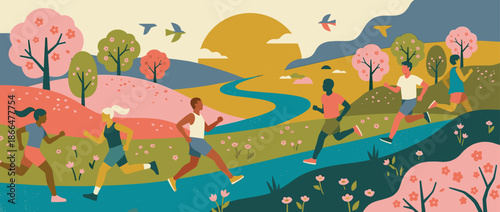 Diverse group of people running together through a beautiful, stylized spring landscape with blooming trees, a river, and rolling hills in a colorful flat vector illustration