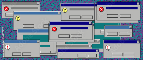 Multiple old-fashioned computer dialog boxes with error, warning, and question icons overlap in a chaotic collage representing a nostalgic system failure