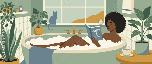 Serene Black woman with an afro relaxes in a bubble bath while reading a book about personal growth in a tranquil, plant-filled bathroom