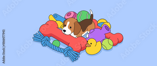 Cute little beagle puppy dog sits amongst a large, colorful pile of various pet toys, including a rubber bone, a rope, and tennis balls in a fun cartoon illustration