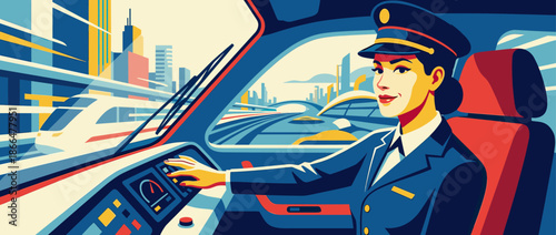 Female train driver in a blue uniform smiles confidently while operating a modern high-speed train through a futuristic cityscape in a bold, graphic illustration style