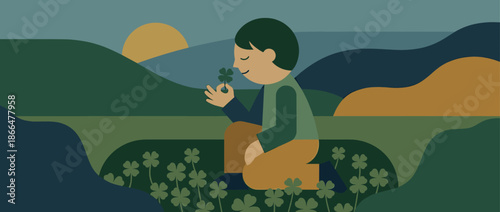 Peaceful young boy holding a lucky four-leaf clover kneels in a serene natural landscape with rolling hills and a setting sun, depicted in a flat illustration style