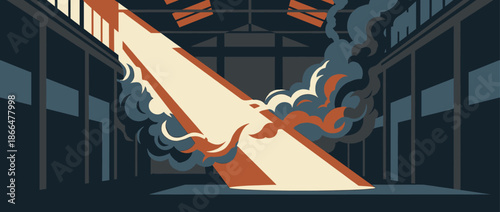 Powerful spotlight beam cuts through thick, billowing smoke inside a dark, atmospheric industrial factory in a flat vector illustration style