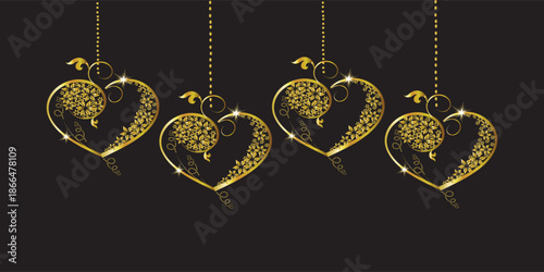 gold hearts textured hanging on black background.