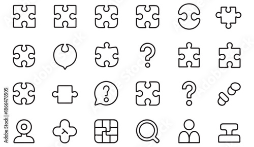Puzzle pieces and idea development line icons for strategy and decision making