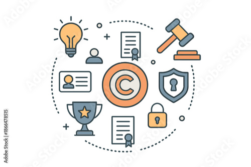 Vector illustration of copyright, featuring interconnected icons depicting copyright protection, intellectual property, and the legal safeguarding of inventions and ideas