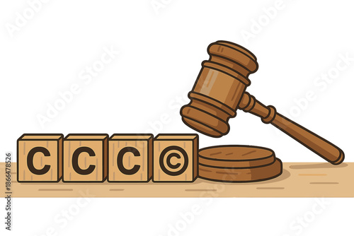 Wooden blocks and a wooden judge's gavel sit on the table, representing the concept of copyright and intellectual property patent protection against infringement, proprietary declarations, and