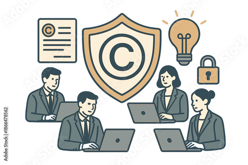 Business professionals use laptops to navigate copyright and intellectual property patents, protect against piracy, manage proprietary representations, and promote legitimate innovations, inventions