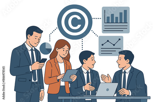 In the office, the business team analyzes data and uses smartphones and tablets featuring virtual screen copyright icons and trademark licenses to protect creation ownership from piracy