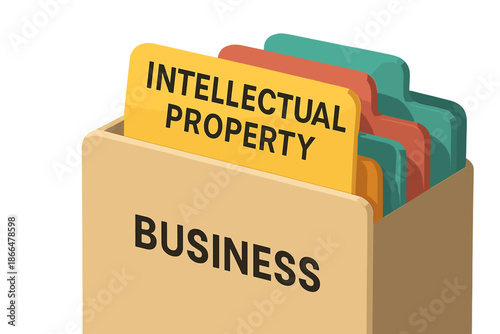 A 3D render of a blurred close‑up image of intellectual property on a business folder in a multicolored card index