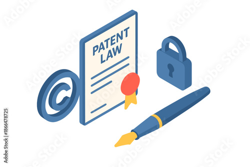 D isometric flat vector illustration depicting copyright and intellectual property protection, with a patent law certificate