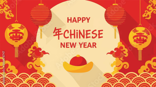 Colorful Chinese New Year Celebration with Red Lanterns and Gold Decorations for Prosperity.