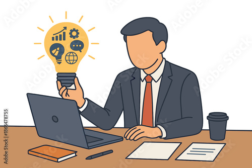 A businessman holding a light bulb with icons works at his desk, highlighting that creativity and innovation are essential for success, while the concept of new ideas and innovation—driven by energy