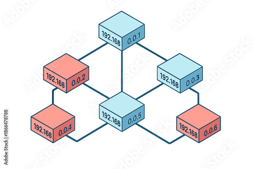 Infographics depicting a 3D network topology with IP addresses illustrated in three dimensions