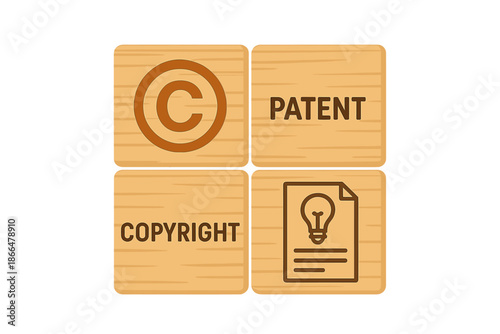 It refers to copyright or patent concepts, author rights, and patent intellectual property, illustrated by wooden blocks bearing a copyright icon