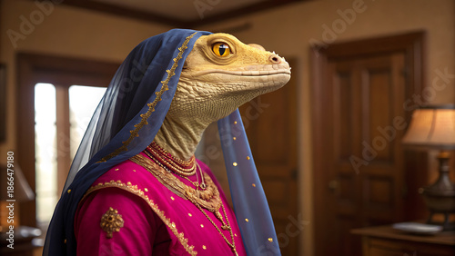 Anthropomorphic Lizard Woman in Indian Sari and Veil, Detailed Portrait