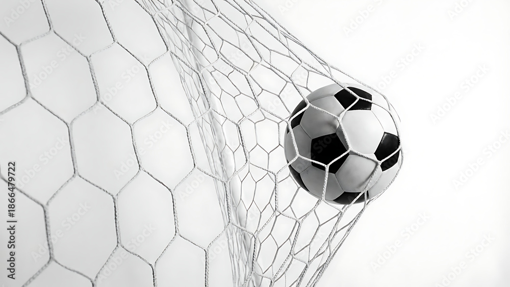 Fototapeta premium Classic Soccer Ball Striking the Net, Symbolizing Victory and the Thrill of the Game