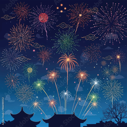 Nighttime skyline with fireworks over traditional pagoda silhouettes and festive sky.