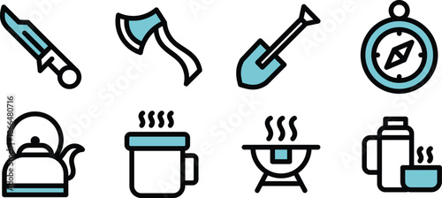 Icon Set Vector Illustrations knife, axe, grill, teapot, compass for Websites, Digital Assets