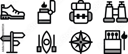 Icon Set Vector Illustrations lighter, compass, road sign, shoes, backpack for Websites, Digital Assets