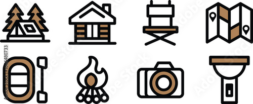 Icon Set Vector Illustrations rafting, camera, lighting, maps, tent for Websites, Digital Assets