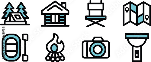 Icon Set Vector Illustrations lighting, maps, tent, rafting, camera for Websites, Digital Assets
