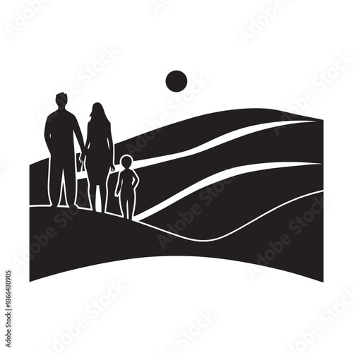 Family Watching Sunset In Desert Landscape Silhouette