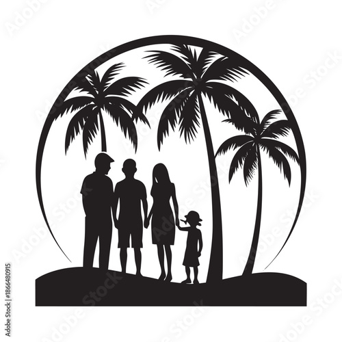 Family Watching Sunset On Palm Beach Silhouette