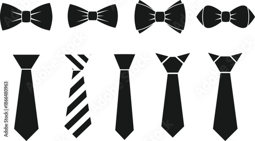 Bow tie and necktie silhouette icon set, black flat vector illustration of formal fashion accessories for business, wedding, party, and elegant style concepts
