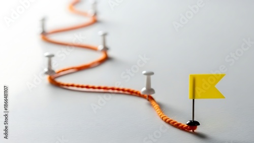 Visualizing a long winding journey marked by pins leading toward a bright yellow destination flag