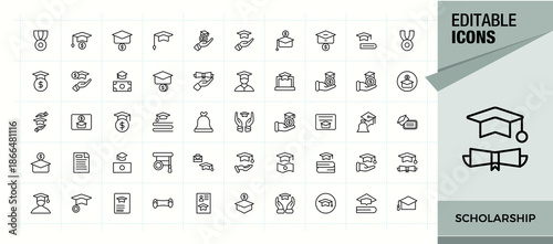 Set of Scholarship line icon. Included scholar, knowledge, university, academic, diploma, bachelor. Thin linear style icons. Bachelor simple icon set. Art and illustration.