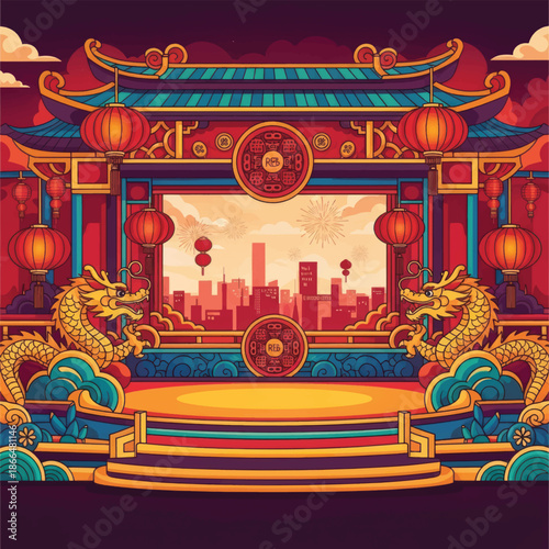 Colorful Chinese stage with lanterns and dragon motifs framing a futuristic city skyline.