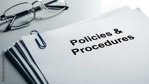 Stack of official policies and procedures documents fastened with a paperclip next to glasses.