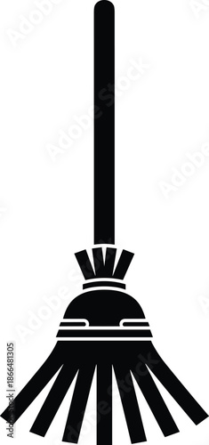 Broom silhouette icon for cleaning and housekeeping, black flat vector illustration symbolizing sanitation, household chores, janitorial service, and hygiene maintenance concept