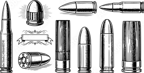 Set of Illustrations of bullets and cartridges in vintage monochrome style. Design element for logo, label, sign, emblem, poster. Vector illustration
