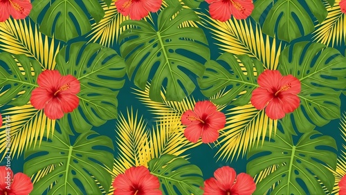 Vibrant Tropical Seamless Pattern with Red Hibiscus Flowers and Monstera Leaves