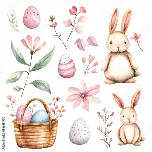 Charming Easter Bunny and Floral Elements Illustration