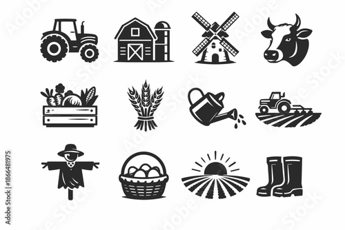 Farm and Agriculture Black Icon Set with Rural Life Symbols