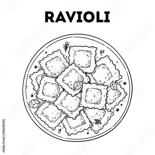 Ravioli sketch. Vector drawing illustration. Italian food. Italian cuisine. Hand drawn. Top view. Not AI Generated.